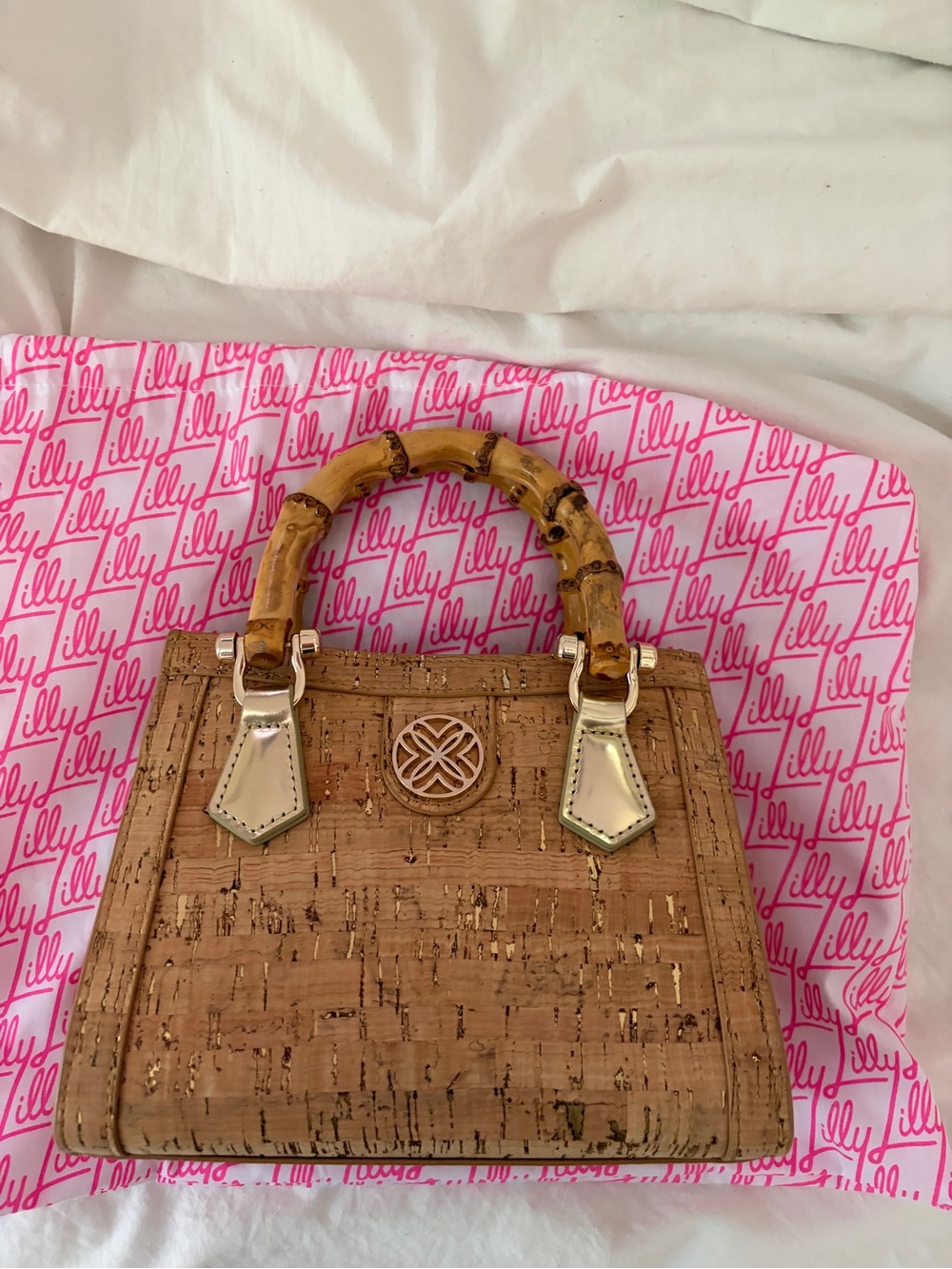 Lilly Pulitzer Cork Satchel with Bamboo Handles - Natural, Gold